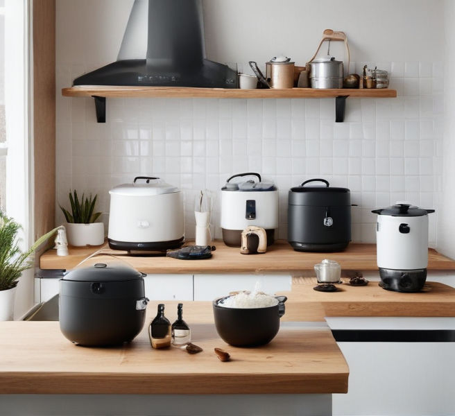 Swedish kitchen showcasing modern rice cookers influenced by current events, featuring sleek designs, advanced technology, and cultural adaptations.