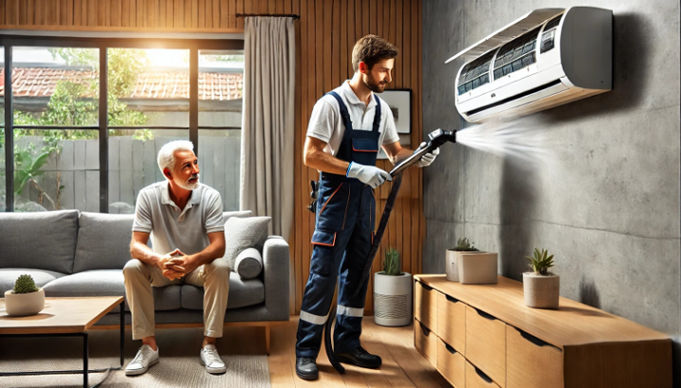 A professional technician cleaning an air conditioner in a modern Brisbane home, with a homeowner observing.