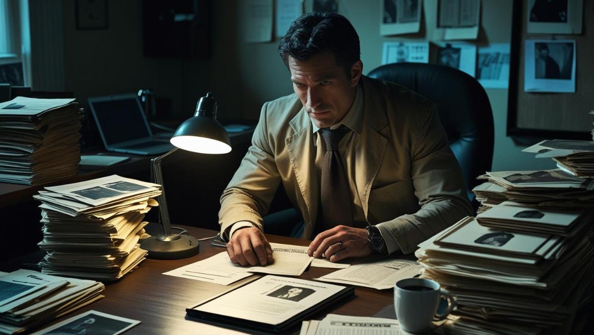 Private investigator examines documents under lamplight in a cluttered office workspace.